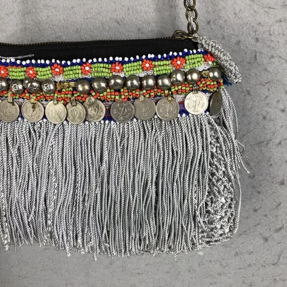 Elliot Mann Purse Beaded Fringe Coin Indie Firefly Boho Art to Wear Retro - Picture 4 of 16